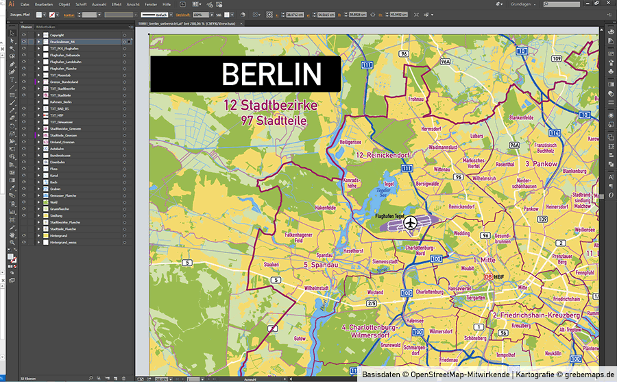 Berlin Stadtplan Vektor Stadtbezirke Stadtteile Topographie, Karte Berlin Stadtteile, Landkarte Berlin, Vektorkarte Berlin, Karte Stadtbezirke Berlin, Basiskarte Berlin Übersicht