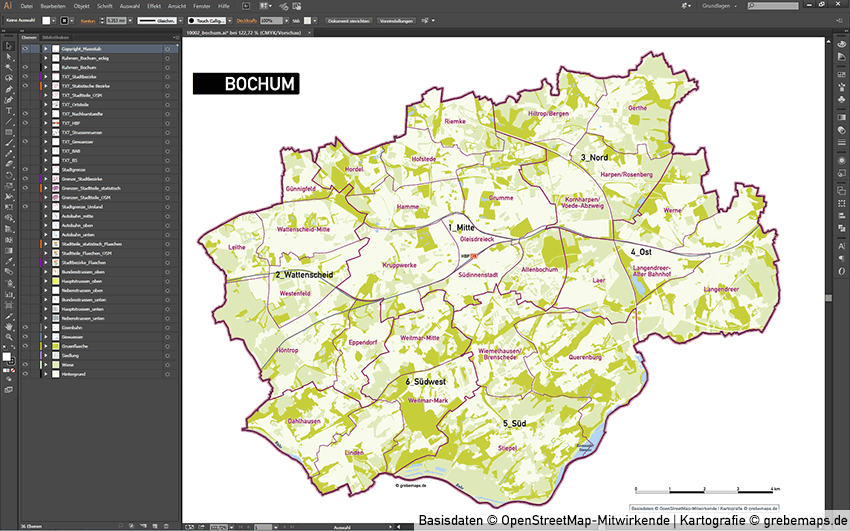 Bochum Stadtplan Stadtbezirke Stadtteile Topographie Vektorkarte, Vektor Karte Bochum, Karte Bochum Stadtteile, Basiskarte, Übersichtskarte