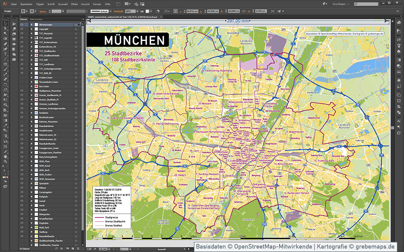 München Stadtplan Vektor Stadtbezirke Stadtteile Topographie, Karte Stadtplan München, Vektorkarte München
