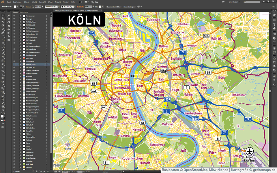 Köln Stadtplan Vektor Stadtbezirke Stadtteile Topographie, Vektorkarte Köln, Landkarte Köln, Karte Köln, Übersichtskarte Köln
