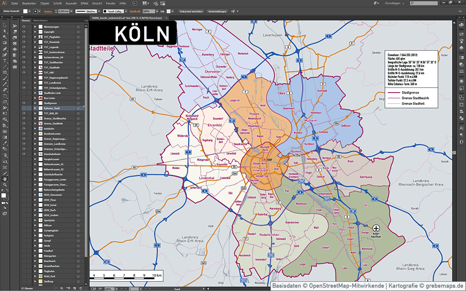 Köln Stadtplan Vektor Stadtbezirke Stadtteile Topographie, Vektorkarte Köln, Landkarte Köln, Karte Köln, Übersichtskarte Köln