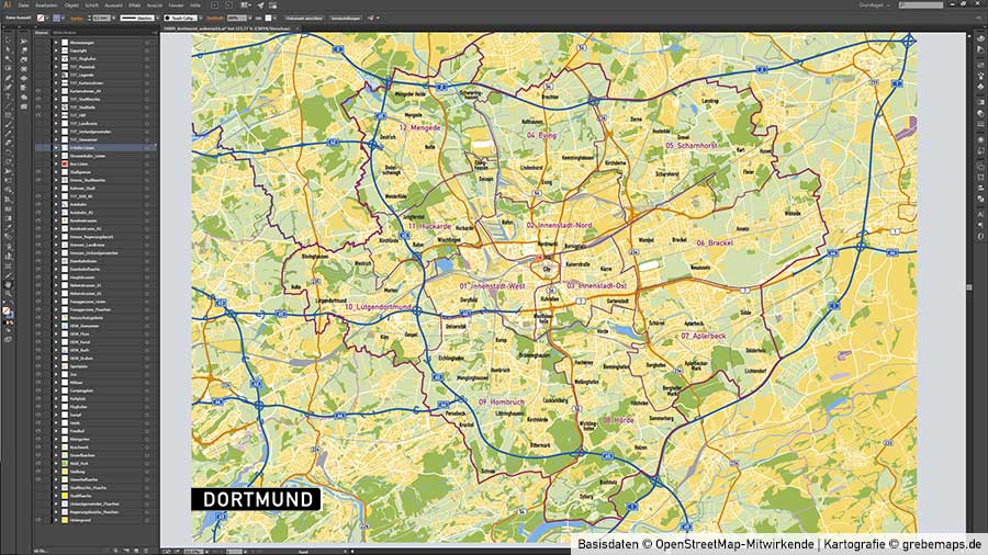 Dortmund Stadtplan Vektor Stadtbezirke Topographie, Vektorkarte Dortmund, Karte Stadt Dortmund, Karte Vektor Dortmund Stadtbezirke und Stadtteilnamen