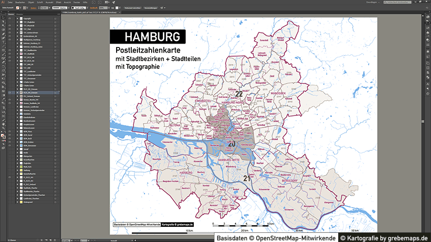 Hamburg Stadtplan Postleitzahlen PLZ-5 Topographie Stadtbezirke Stadtteile Vektorkarte, Karte Hamburg Postleitzahlen, PLZ-Vektor-Karte Hamburg, Karte Vektor Hamburg PLZ