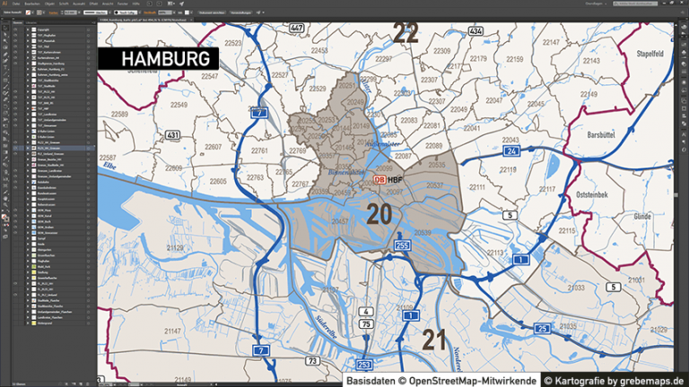 Hamburg Stadtplan Postleitzahlen PLZ-5 Topographie Stadtbezirke ...