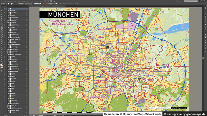 München Stadtplan Karte Postleitzahlen Topographie Stadtbezirke Stadtteile, Karte München Postleitzahlen, Karte München Stadtteile und Stadtbezirke, Vektorkarte München, PLZ-Karte, Karte PLZ-5 München
