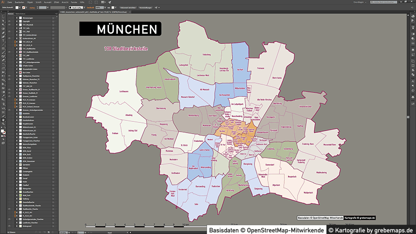 München Stadtplan Karte Postleitzahlen Topographie Stadtbezirke Stadtteile, Karte München Postleitzahlen, Karte München Stadtteile und Stadtbezirke, Vektorkarte München