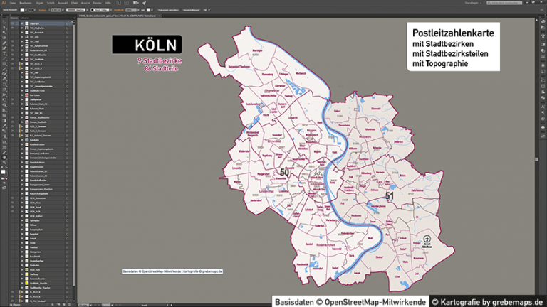 Köln Stadtplan Postleitzahlen PLZ-5 Topographie Stadtbezirke Stadtteile ...