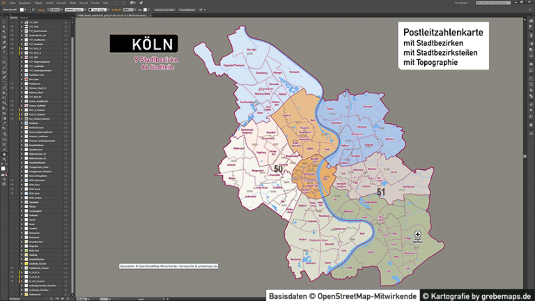 Köln Stadtplan Postleitzahlen PLZ-5 Topographie Stadtbezirke Stadtteile Vektorkarte