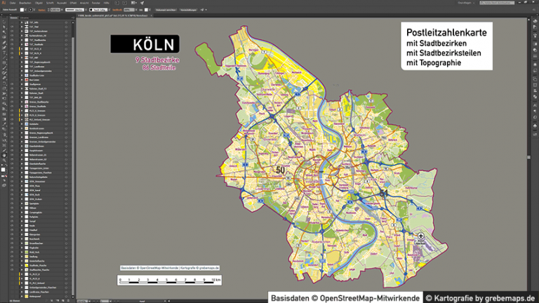 Köln Stadtplan Postleitzahlen PLZ-5 Topographie Stadtbezirke Stadtteile ...