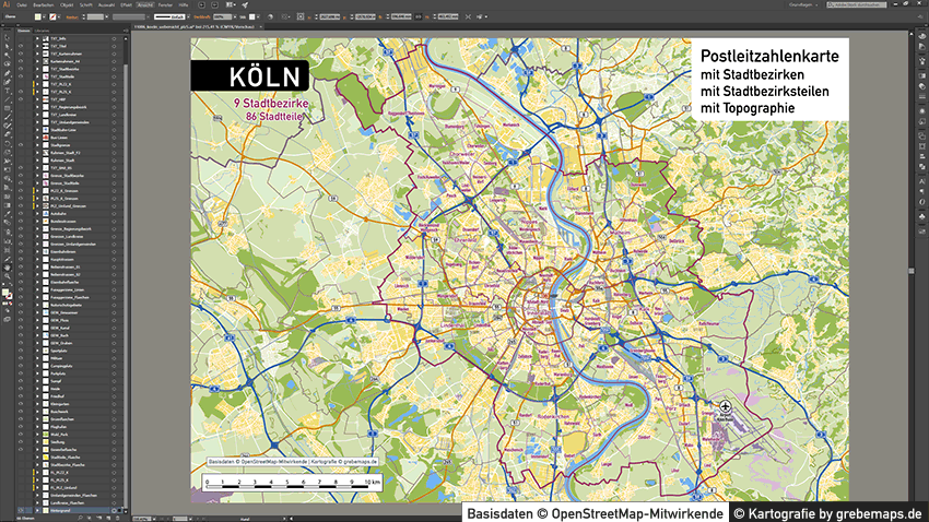Köln Stadtplan Postleitzahlen PLZ-5 Topographie Stadtbezirke Stadtteile Vektorkarte, Postleitzahlenkarte Köln, PLZ Vektor Karte Köln, Karte Köln PLZ-5 5-stellig