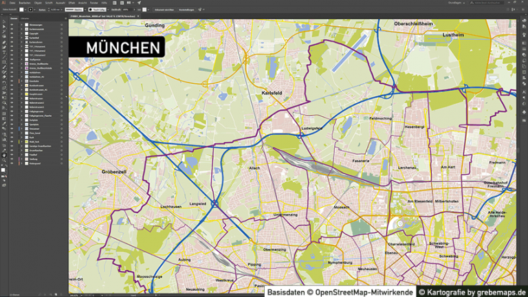München Stadtplan Vektor mit Gebäuden + OEPNV-Linien, Vektorkarte München