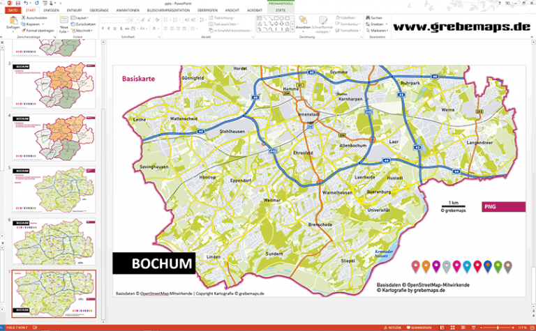 Bochum PowerPoint-Karte mit Bezirken und Stadtteilen