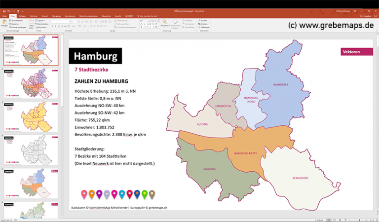 PowerPoint-Karte Hamburg mit Bezirken und Stadtteilen mit Bitmap-Karten ...