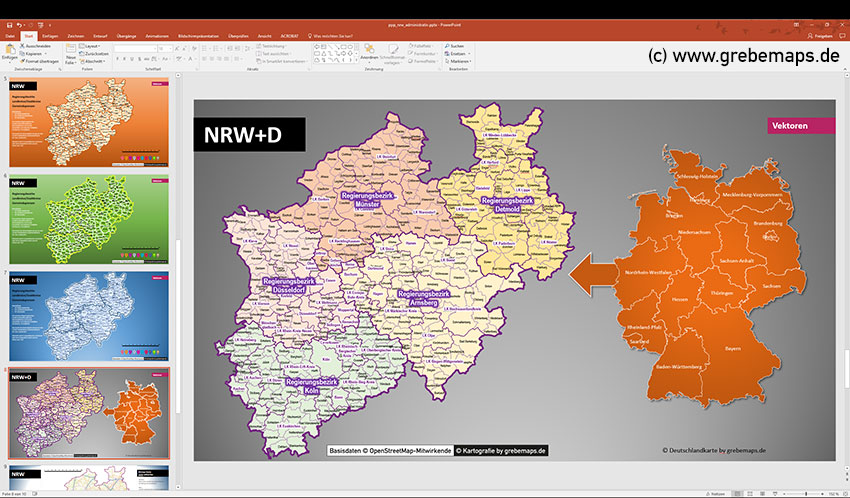 NRW PowerPoint-Karte Gemeinden Landkreise Regierungsbezirke, Nordrhein-Westfalen PowerPoint-Karte mit Gemeinden, mit Deutschland-Karte mit Bundesländern
