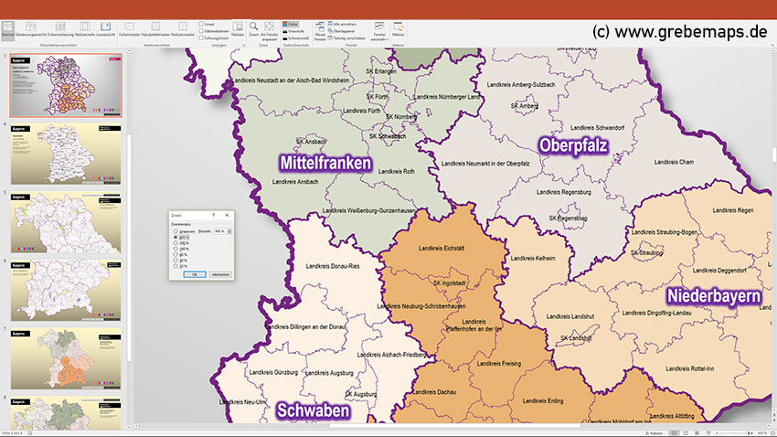 Bayern PowerPoint-Karte Landkreise Regierungsbezirke (Gemeinden als Bitmap-Karte), Karte Bayern Landkreise, Karte Bayern Regierungsbezirke, Karte Bayern Gemeinden