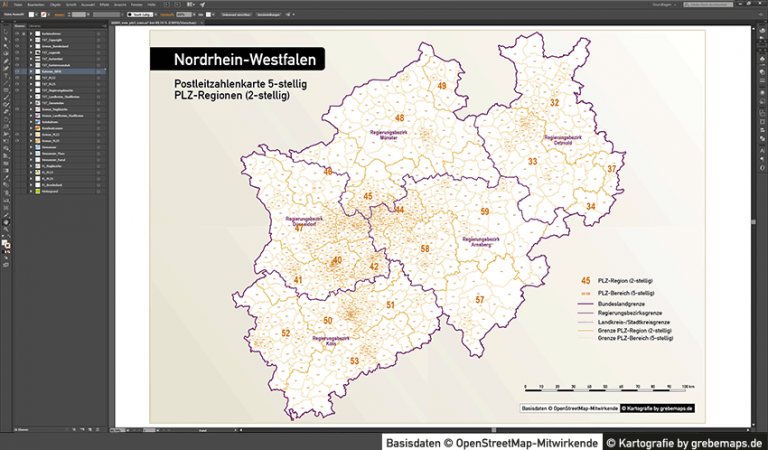 Nordrhein-Westfalen Postleitzahlenkarte 5-stellig PLZ-5 Vektorkarte