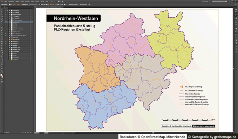 Nordrhein-Westfalen Postleitzahlenkarte 5-stellig PLZ-5 Vektorkarte