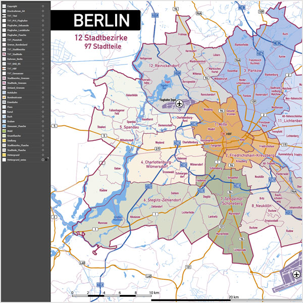 Berlin Stadtplan Vektor Stadtbezirke Stadtteile Topographie