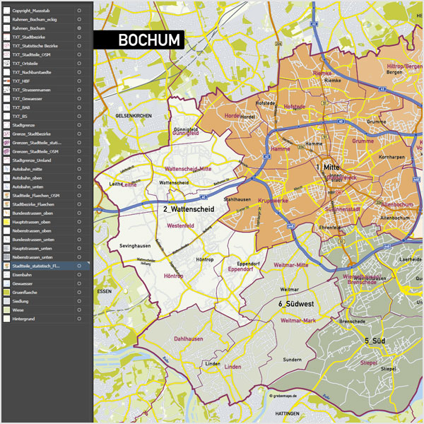 Bochum Stadtplan Stadtbezirke Stadtteile Topographie Vektorkarte