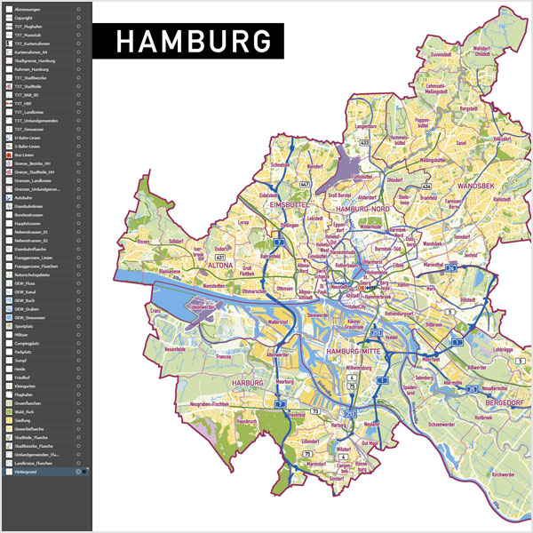 Hamburg Stadtplan Vektor Stadtbezirke Stadtteile Topographie