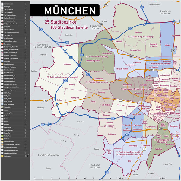 München Stadtplan Vektor Stadtbezirke Stadtteile Topographie