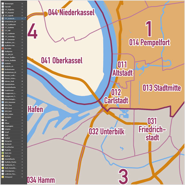 Düsseldorf Stadtplan Vektor Stadtbezirke Stadtteile Topographie