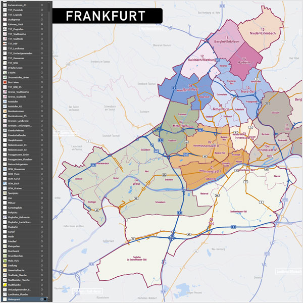 Frankfurt am Main Stadtplan Vektor Stadtbezirke Stadtteile Topographie