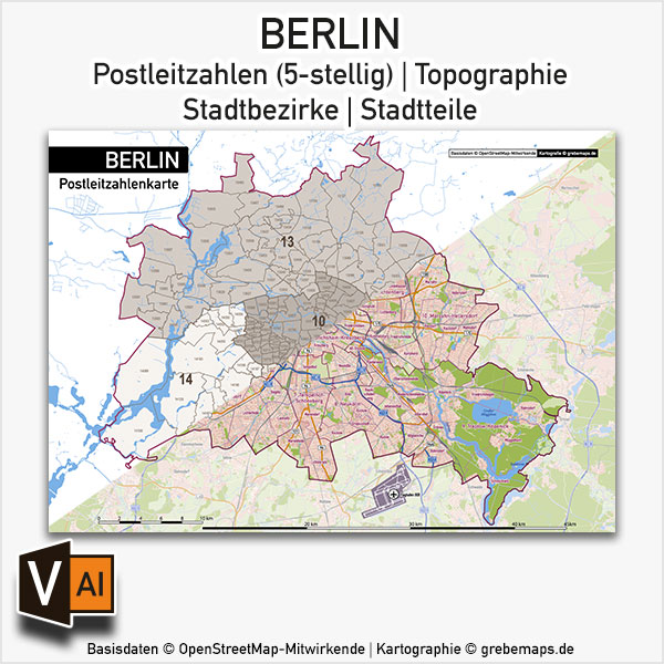 Berlin Stadtplan Postleitzahlen PLZ-5 Topographie Stadtbezirke Stadtteile Vektorkarte