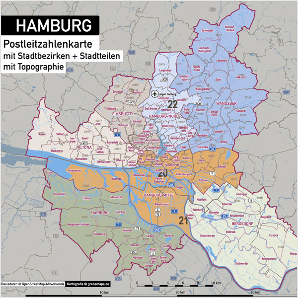 Hamburg Stadtplan Postleitzahlen PLZ-5 Topographie Stadtbezirke Stadtteile Vektorkarte