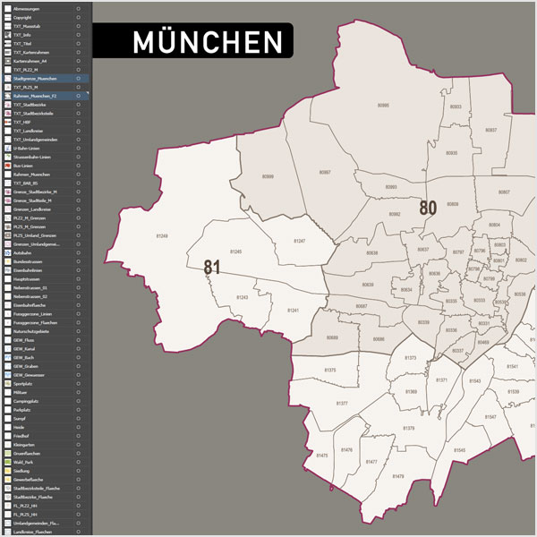 München Stadtplan Postleitzahlen PLZ-5 Topographie Stadtbezirke Stadtteile