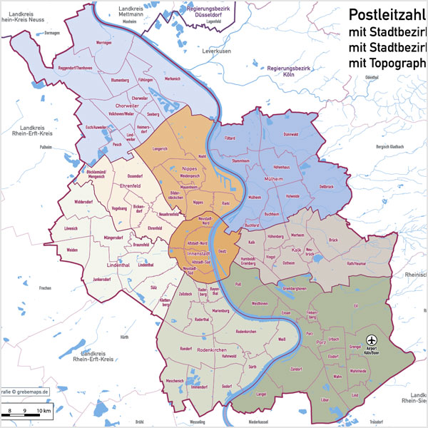 Köln Stadtplan Postleitzahlen PLZ-5 Topographie Stadtbezirke Stadtteile Vektorkarte