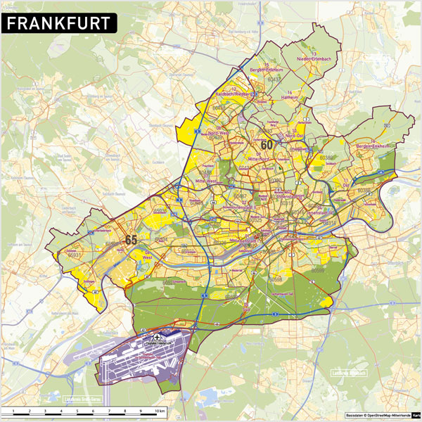 Frankfurt Stadtplan Postleitzahlen PLZ-5 Topographie Stadtbezirke Stadtteile Vektorkarte