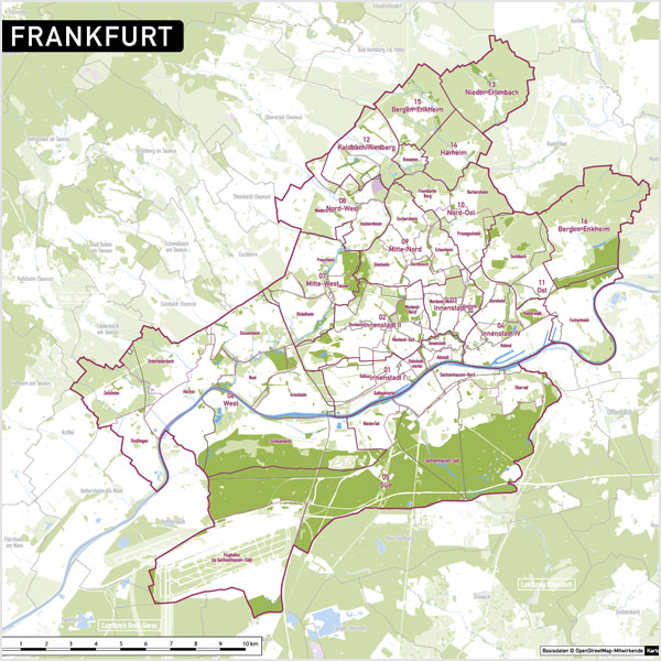 Frankfurt Stadtplan Postleitzahlen PLZ-5 Topographie Stadtbezirke Stadtteile Vektorkarte