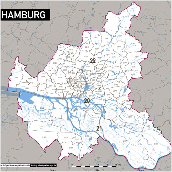 Hamburg Postleitzahlen-Karte PLZ-5 Vektorkarte