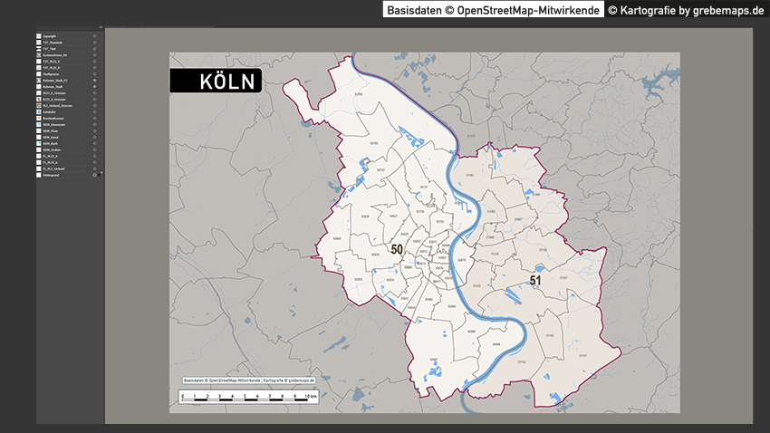 Köln Postleitzahlen-Karte PLZ-5 Vektorkarte, Karte PLZ Köln, Karte Köln PLZ Vektor, Karte Postleitzahlen Köln 5-stellig, Köln PLZ-Karte 5-stellig