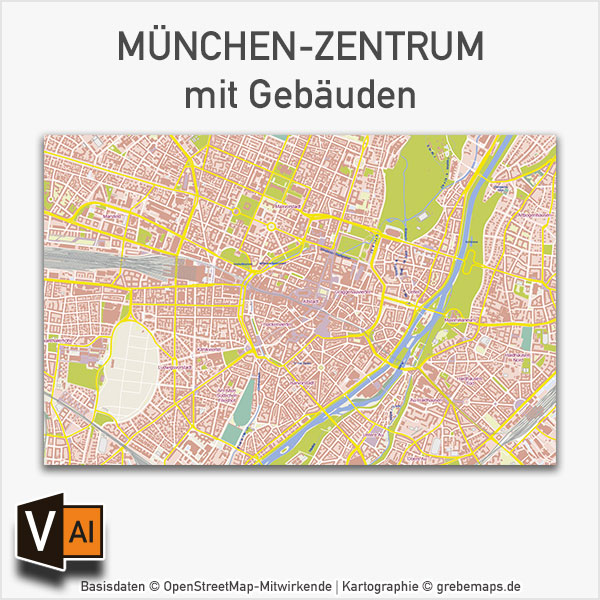 München-Zentrum Stadtplan Vektor mit Gebäuden Basiskarte