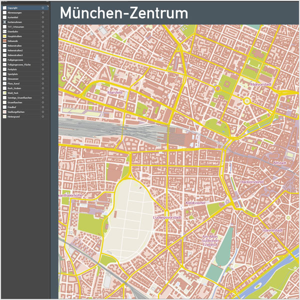 München-Zentrum Stadtplan Vektor mit Gebäuden Basiskarte