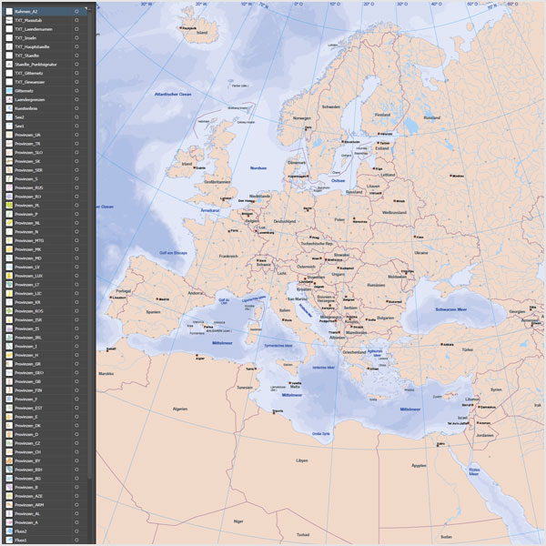 Europakarte Vektor mit Provinzen flächentreu