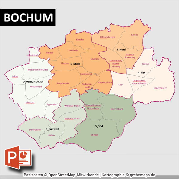 PowerPoint-Karte Bochum mit Bezirken und Stadtteilen mit Bitmap-Karten