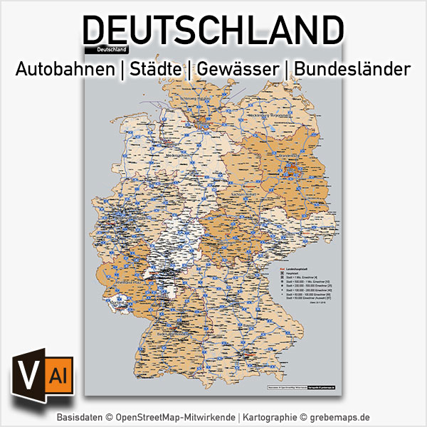 Deutschland Autobahnen Städte Gewässer Bundesländer Vektorkarte