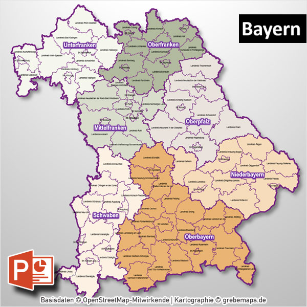 PowerPoint-Karte Bayern Regierungsbezirke Landkreise (Gemeinden als Bitmap-Karte)