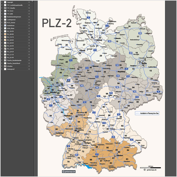 Deutschland Postleitzahlenkarte Vektor PLZ-2 mit Autobahnen