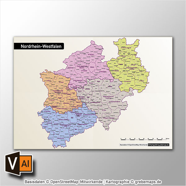Nordrhein-Westfalen Vektorkarte NRW Landkreise Regierungsbezirke Gemeinden Autobahnen
