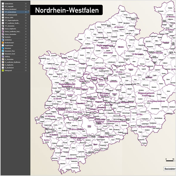 Nordrhein-Westfalen Vektorkarte NRW Landkreise Regierungsbezirke Gemeinden