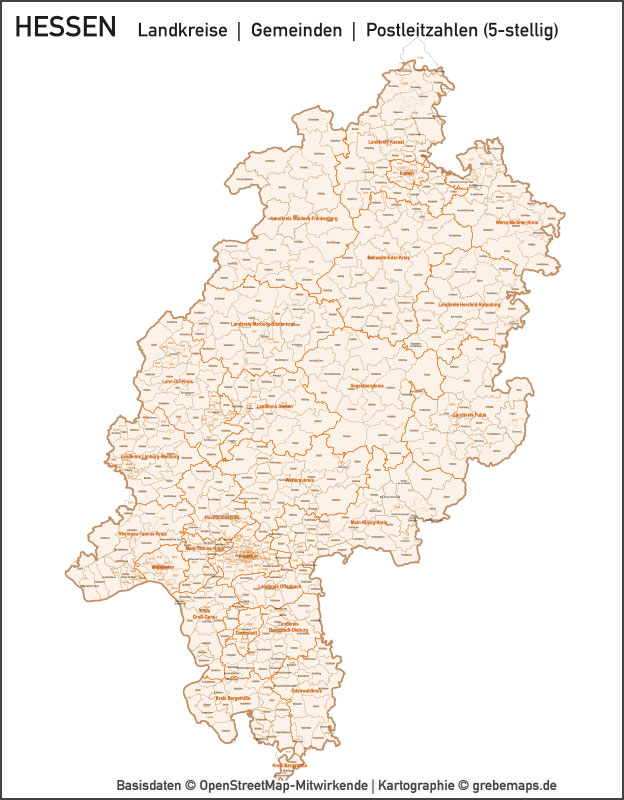 Hessen Vektorkarte Landkreise Gemeinden PLZ-5, Karte Hessen Landkreise, Karte Hessen Gemeinden, Karte Hessen Postleitzahlen, Bundeslandkarte Hessen, Karte Vektor Hessen
