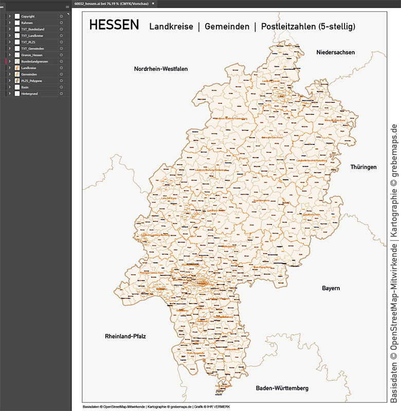 Hessen Vektorkarte Landkreise Gemeinden PLZ-5, Karte Hessen Landkreise, Karte Hessen Gemeinden, Karte Hessen Postleitzahlen, Bundeslandkarte Hessen, Karte Vektor Hessen, AI-Datei, Vektorkarte, Hessen, PLZ-Karte Hessen 5-stellig