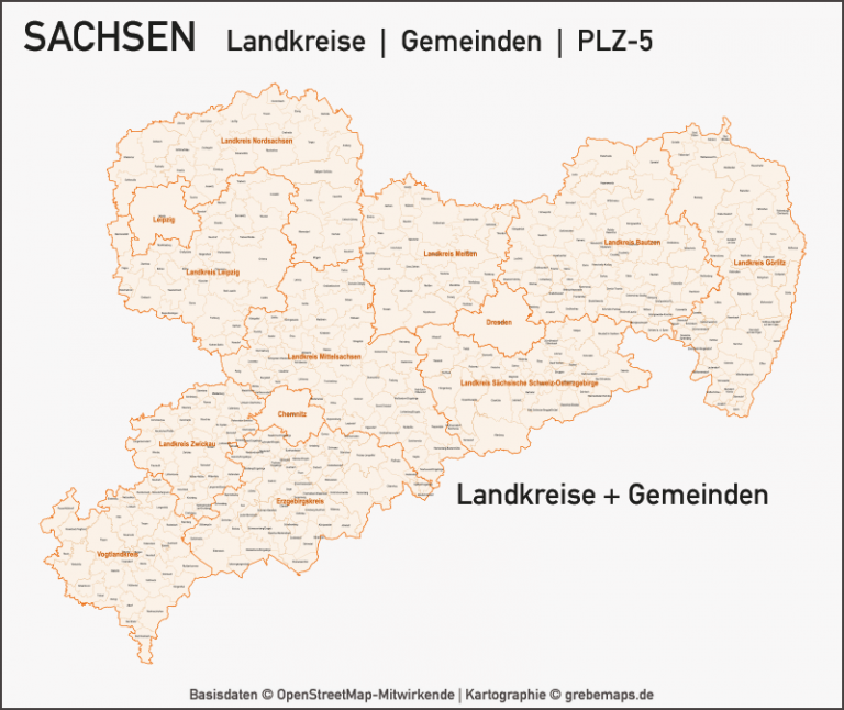 Sachsen Vektorkarte Landkreise Gemeinden PLZ5 grebemaps