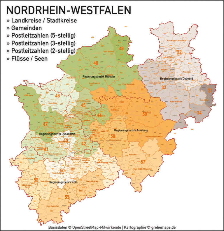 Nordrhein-Westfalen NRW Vektorkarte Landkreise Gemeinden PLZ-2-3-5