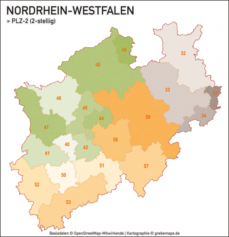 Nordrhein-Westfalen NRW Vektorkarte Landkreise Gemeinden PLZ-2-3-5 ...