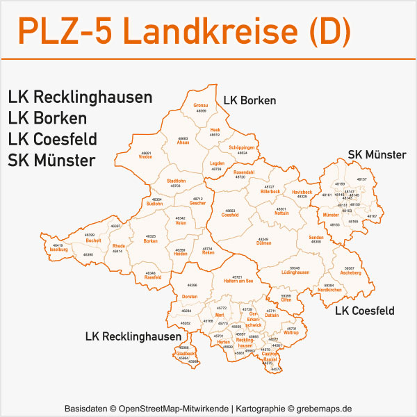 Postleitzahlen-Karten PLZ-5 Vektor Landkreise Deutschland Landkreis Recklinghausen Landkreis Borken Landkreis Coesfeld Stadtkreis Münster